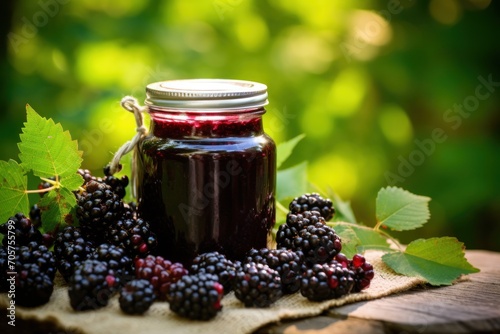  a jar of blackberry jam next to a bunch of blackberries on a piece of cloth on a wooden table in front of some green leaves and a blurry background.