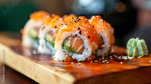 sushi on a bamboo board. Japanese food composition photo