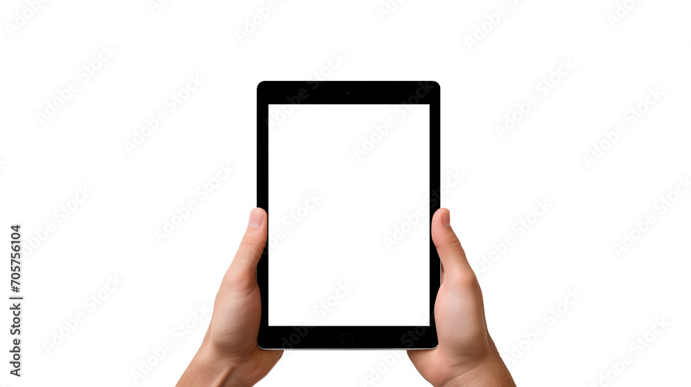 Tablet in hand with transparent screen. Tablet in hands on transparent background Tablet in hand with transparent screen. Tablet in hands on transparent background