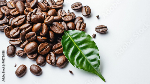 Coffee beans with green leaves on white background , top view , flat lay photo