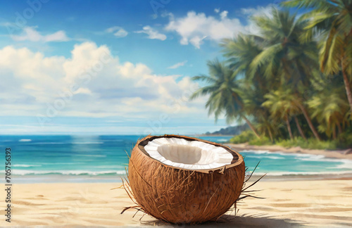 Wallpaper Mural Opened coconut on the sandy beach Torontodigital.ca