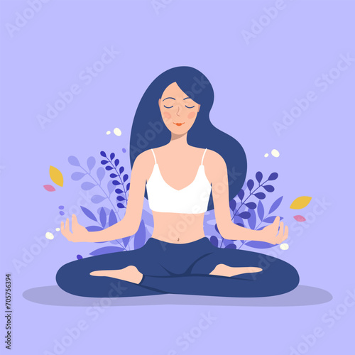 girl with a brain above her head sits in the lotus position and meditates