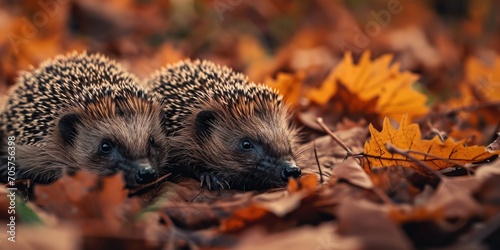 two hedgehogs lying on an autumn leaf
