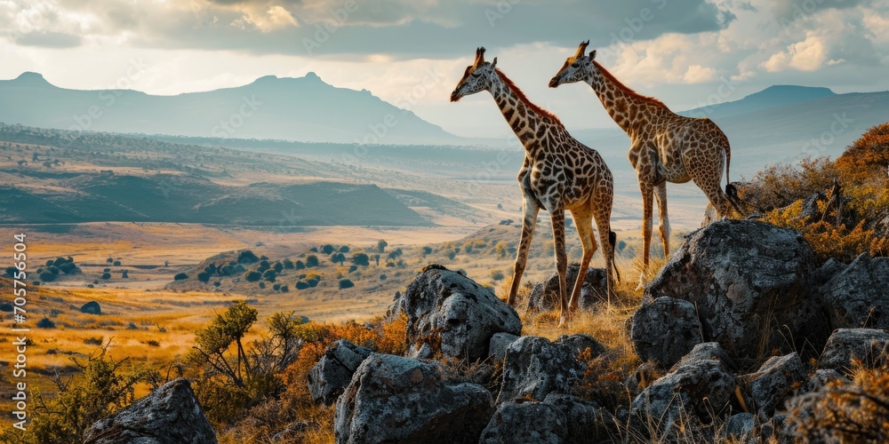 a couple of giraffes are standing near a rock and a valley, in the style of travel - obrazy, fototapety, plakaty 