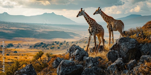 a couple of giraffes are standing near a rock and a valley, in the style of travel