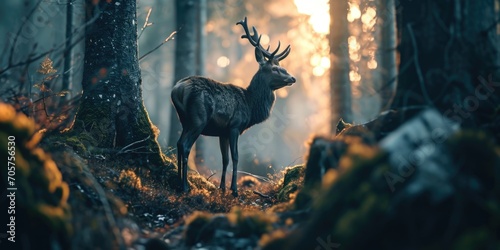 a deer standing in the woods looking lonesome photo