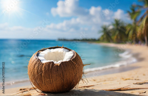 Opened coconut on the sandy beach