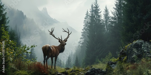 a deer with antlers is in a forest near mountains