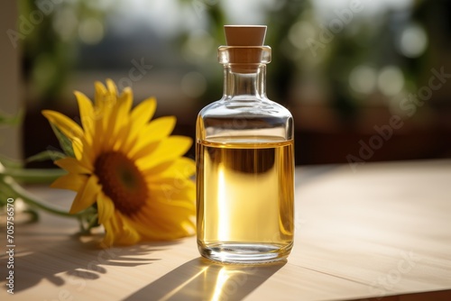  a bottle of sunflower oil sitting on top of a table next to a vase with a sunflower in it and a sunflower on the side of the table.