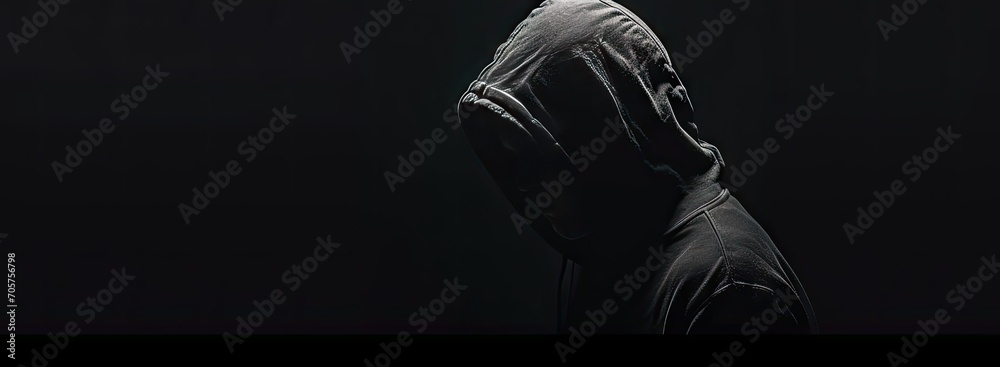 Veiled in shadows. Mysterious figure shrouded in darkness wearing hood and faceless mask emanating aura of menace and intrigue perfect for capturing essence of mystery and suspense - obrazy, fototapety, plakaty 