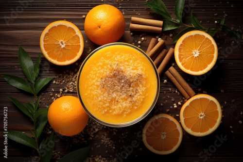  a glass of orange juice surrounded by oranges and cinnamons on a wooden table with cinnamon sticks  cinnamon sticks  cinnamon sticks  and orange slices of oranges.