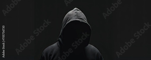 Veiled in shadows. Mysterious figure shrouded in darkness wearing hood and faceless mask emanating aura of menace and intrigue perfect for capturing essence of mystery and suspense photo