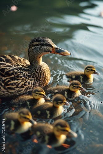 a mother duck with her baby ducks floating on the water