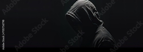 Veiled in shadows. Mysterious figure shrouded in darkness wearing hood and faceless mask emanating aura of menace and intrigue perfect for capturing essence of mystery and suspense