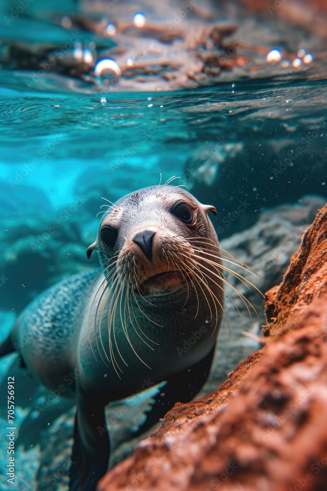 Fototapeta premium a wild seal swimming underwater in a body of water