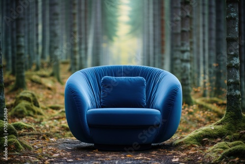  a blue chair sitting in the middle of a forest with lots of trees and moss growing on both sides of the chair and the back of the chair is facing away from the camera.