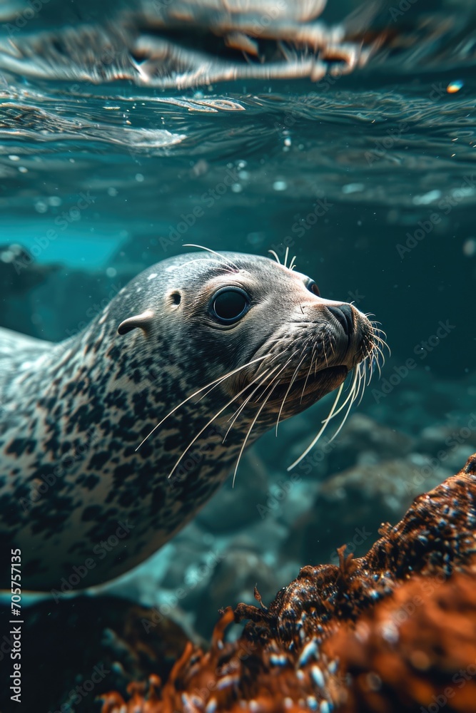 Obraz premium a seal underwater swimming with clear water