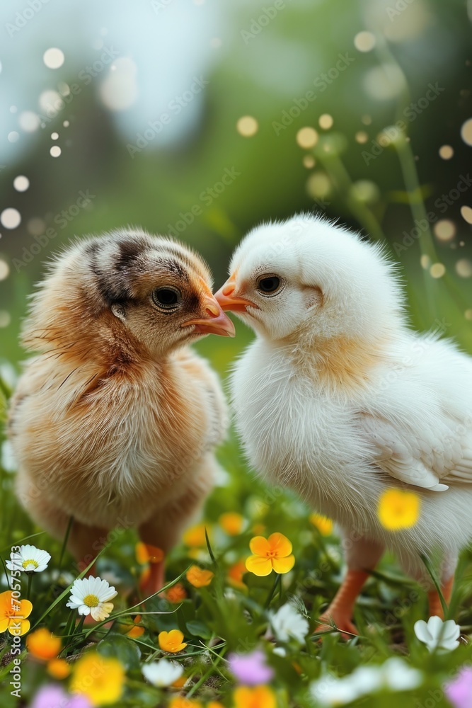 adorable chickens and cute bunnies kissing each other in a field of daisies