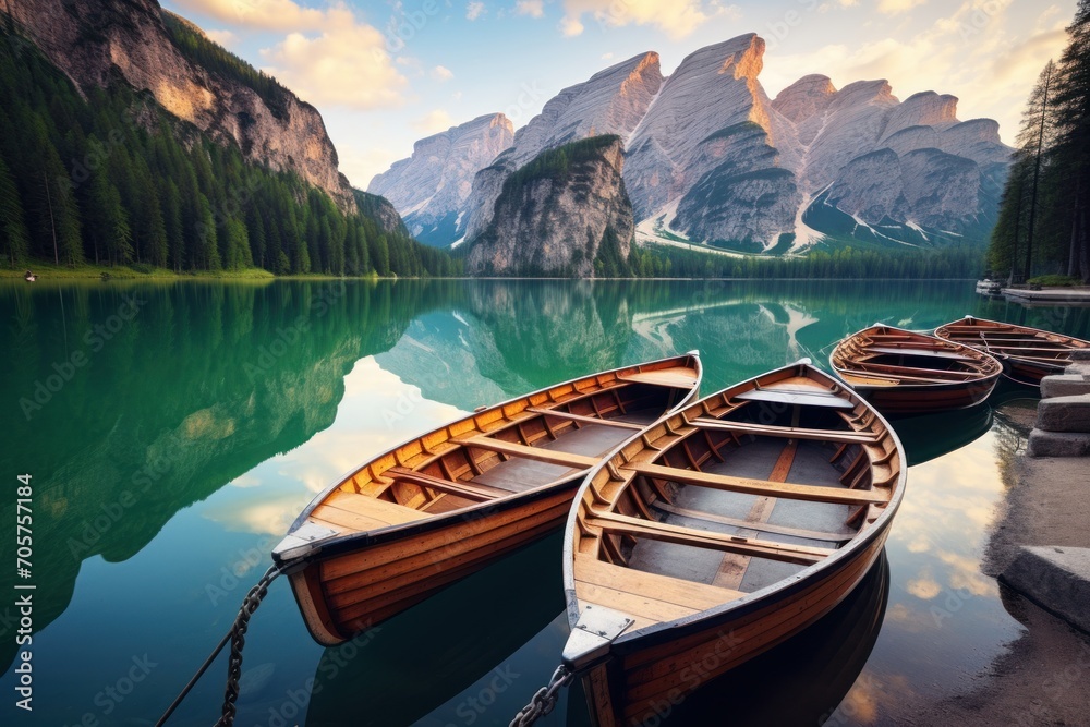  a group of boats sitting on top of a lake next to a lush green forest covered mountain covered in a blue sky with a few clouds and a few white clouds.