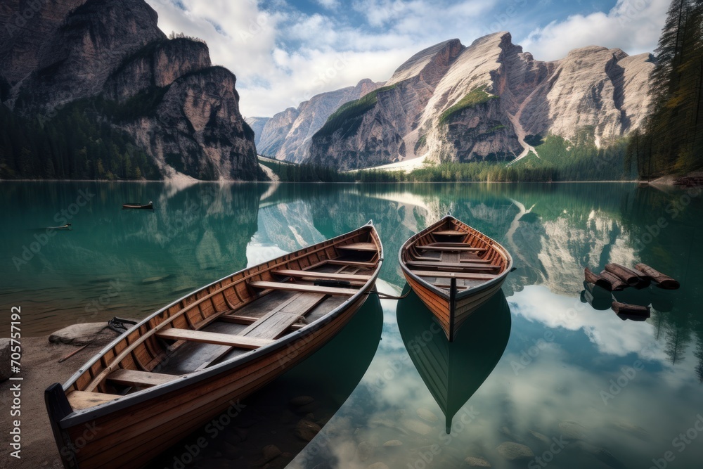  a couple of boats floating on top of a lake next to a rocky mountain covered forest filled with lots of trees and a body of water filled with lots of water.
