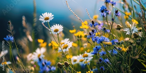 a wild meadow with blue and white flowers