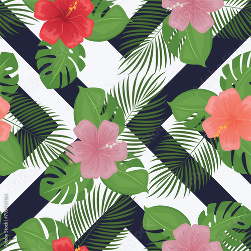 Beautiful seamless Summer Vacation pattern on black and white background. Summer plants, vector hand drawn style, Design for fashion, fabric, textile, and prints. Seamless pattern in swatches.