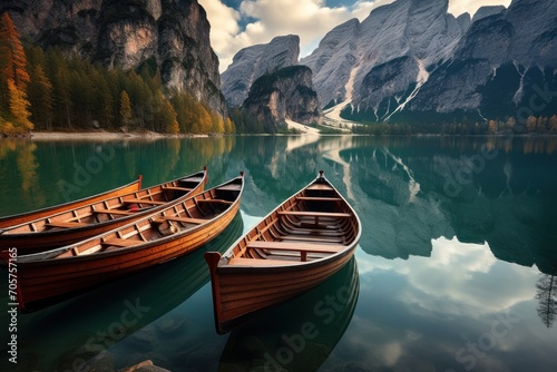  a couple of boats floating on top of a lake next to a lush green forest covered mountain side covered in clouds and a lake filled with water filled with lots of water.