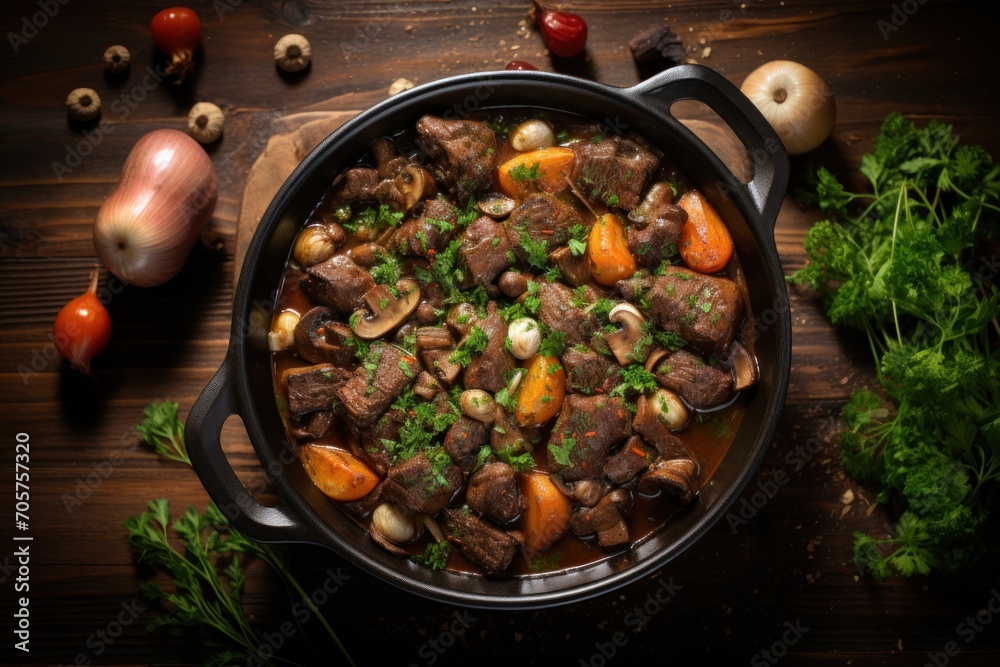  a pot of stew with carrots, onions, mushrooms, and celery on a wooden table next to a knife and a bunch of onions and parsley.