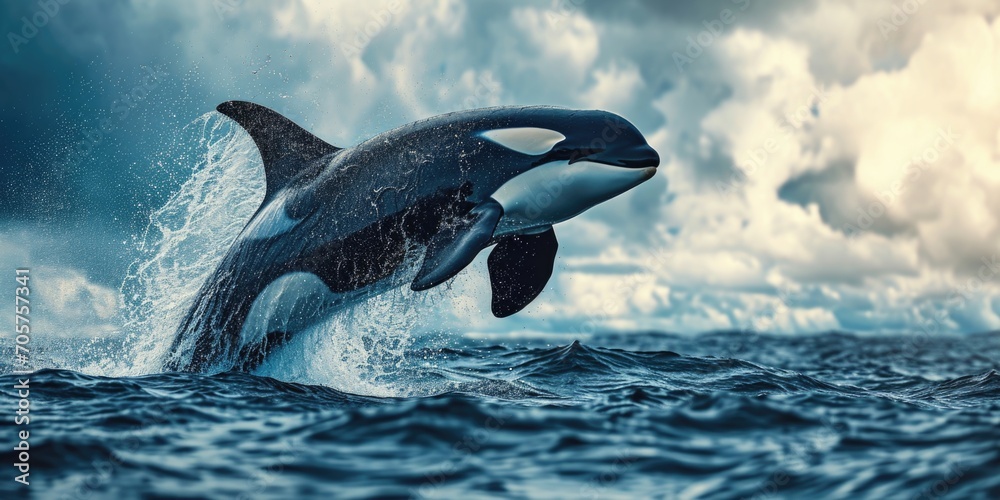 Fototapeta premium an orca jumping with its tail out of the water