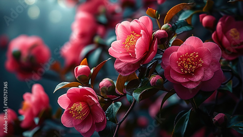 Fotografia Elegant Pink Camellias Blooming in Dark Mystical Garden, Vivid Floral Display on