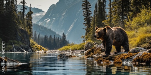grizzly bear standing on a river in a forest, mountainous vistas