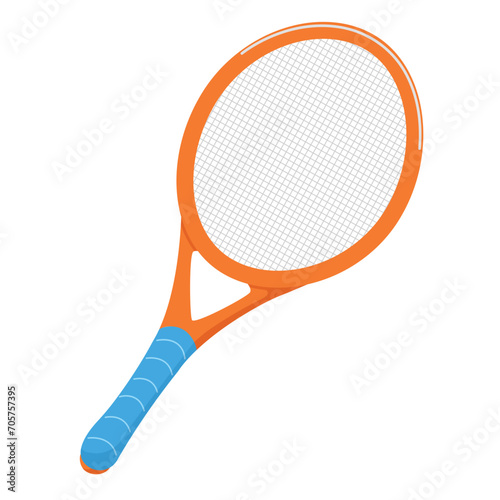 Racket for tennis in cartoon design style. Outdoor sports equipment. Vector illustration isolated on white background. Cartoon design for poster, icon, card, logo, label, banner, sticker.