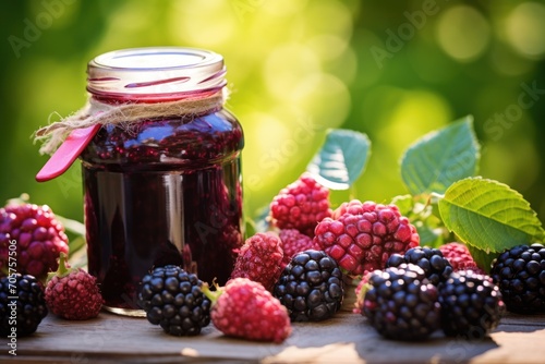  a jar of raspberry jam surrounded by raspberries and blackberries on a wooden table in front of a blurry background of leaves and green leaves.