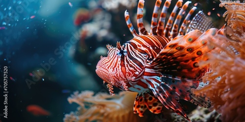 lionfish are blue and red with striped fins and coral photo