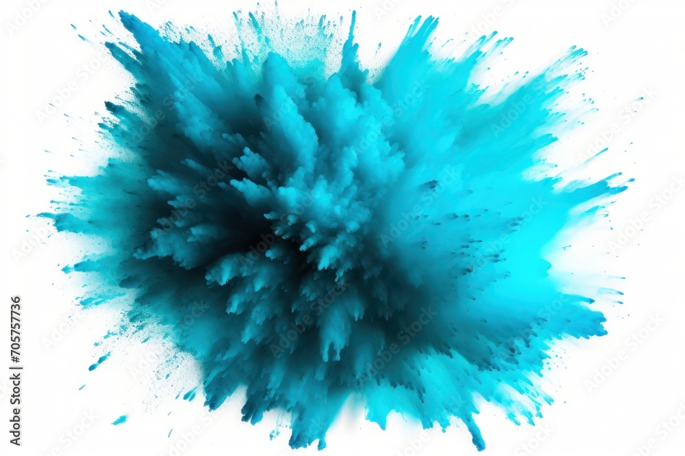  a blue colored explosion of powder on a white background with space for a text or an image to put on a t - shirt or a t - shirt or a t - shirt. - obrazy, fototapety, plakaty 