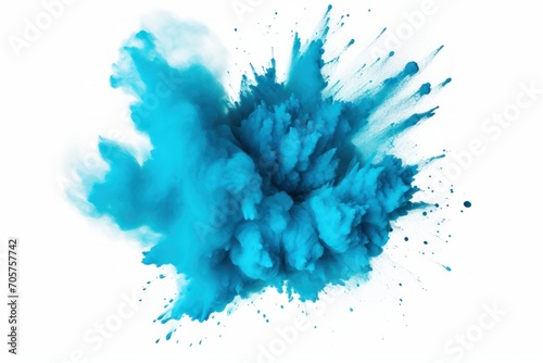  a blue cloud of ink is flying in the air on a white background with a black spot in the middle of the image and a white background with a black spot in the middle.