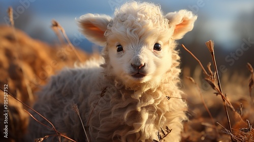Baby lamb on meadow farmland wooly fur photo