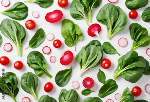 Spinach and Vegetable Arrangement on White Background for Salad Concept