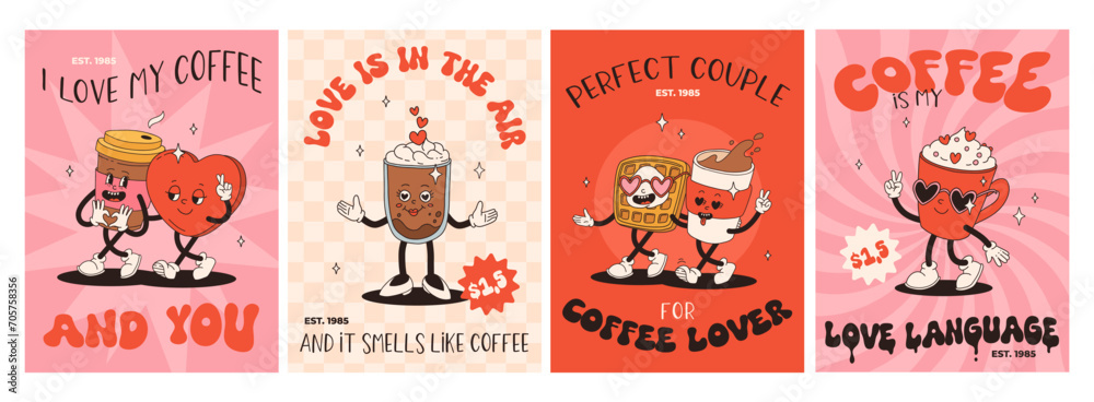 Valentine's Day set of funny vintage characters. Happy and cheerful retro. Old animation 60s 70s, groovy cartoon characters of coffee and sweets, donut, cupcake, espresso, latte, cocoa, cake. present.