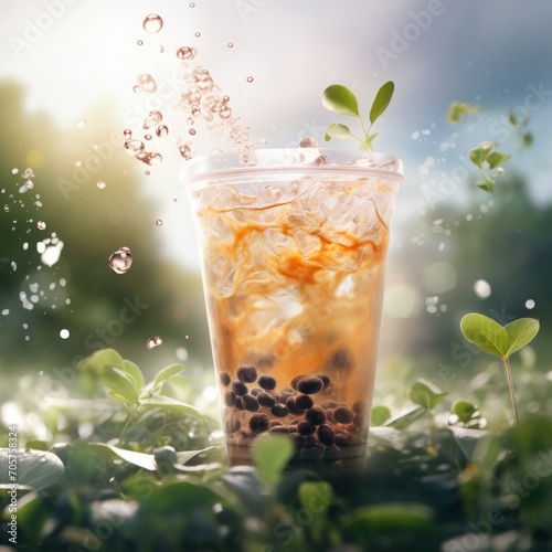  a cup of iced tea with a sprout of leaves coming out of it on top of a bed of leafy green grass with a blue sky in the background.