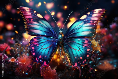  a blue and pink butterfly sitting on top of a field of flowers on a dark background with a bright light coming from the top of the butterfly's wings. © Nadia