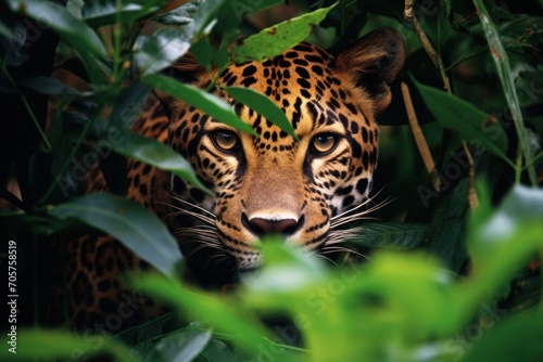  a close - up of a leopard s face peeking out through the leaves of a tree  with its eyes wide open  in the middle of the jungle.