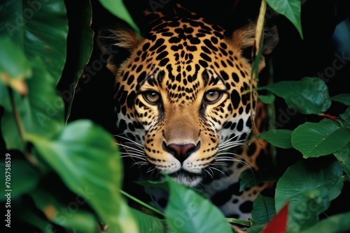  a close - up of a leopard s face peeking out from the leaves of a tree  with a black background and a green leafy area in the foreground.