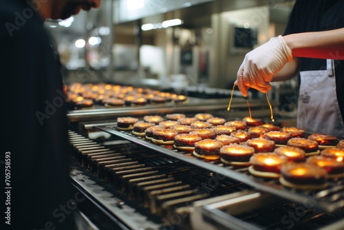  a close up of a person cooking cupcakes on a conveyor belt with lights on each side of the conveyor belt and on the other side of the conveyor belt.