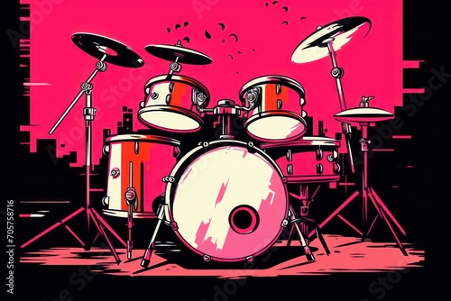  a drawing of a drum set in front of a pink background with a pink sky in the background and a black drum set in front of the drum set in the foreground.