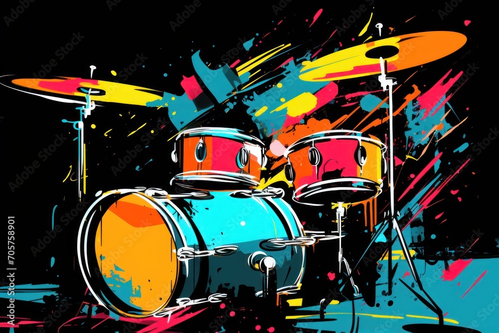 a painting of a drum set with colorful paint splatters on a black background with a splash of red, blue, yellow, orange, and pink on a black background. a painting of a drum set with colorful paint splatters on a black background with a splash of red, blue, yellow, orange, and pink on a black background.