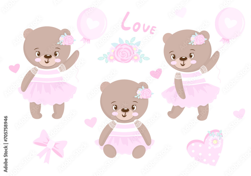 Teddy bear with balloon , flower. Bear set, collection.Cute baby bear girl. Bear ballerina, ballet. Vector illustration isolated on white background. Baby shower, greeting card, birthday, party, print Teddy bear with balloon , flower. Bear set, collection.Cute baby bear girl. Bear ballerina, ballet. Vector illustration isolated on white background. Baby shower, greeting card, birthday, party, print