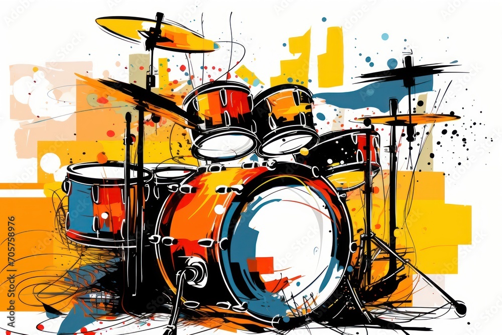 a painting of a drum set with drumsticks and drumsticks in the foreground, and a cross on the far side of the drum sticks in the background. a painting of a drum set with drumsticks and drumsticks in the foreground, and a cross on the far side of the drum sticks in the background.