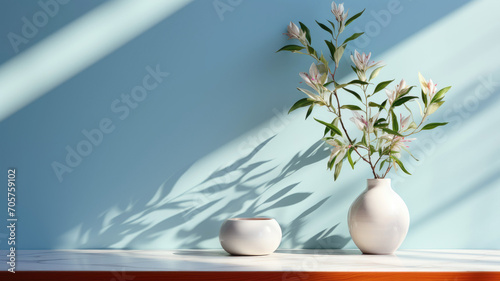 Minimalistic background with a blurred shadow from a vase of flowers on a blue wall. Beautiful light blue background for presentation.