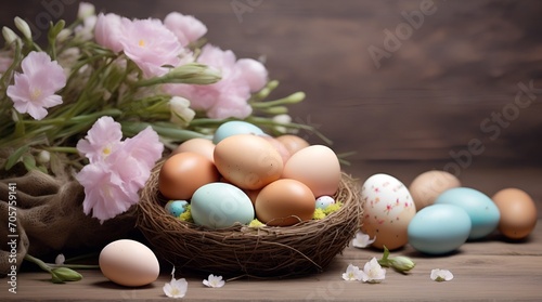 Nest with pastel Easter eggs and flowers on brown wooden background, copy space